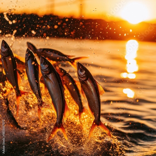 Fish Leaping from Water at Sunset Creating Splashes and Reflections