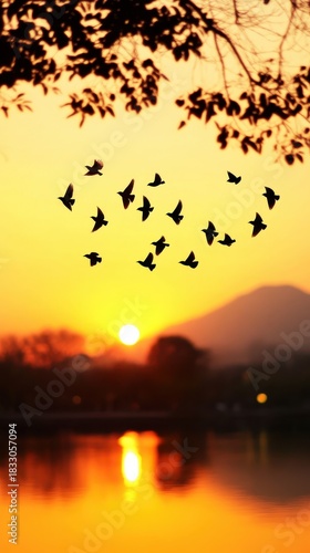 Silhouetted Birds Flying Against a Golden Sunrise Reflection