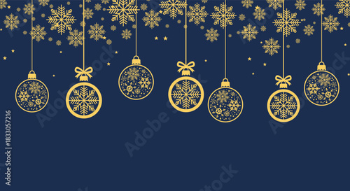 Elegant gold Christmas baubles and snowflakes hanging on dark blue background, festive holiday illustration perfect for seasonal greeting cards, winter banners, invitations and New Year party designs.