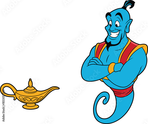 Genie magic lamp illustration, Arabian fairytale character, muscular spirit, wish granting concept, golden Aladdin style lamp, fantasy vector art isolated on white background