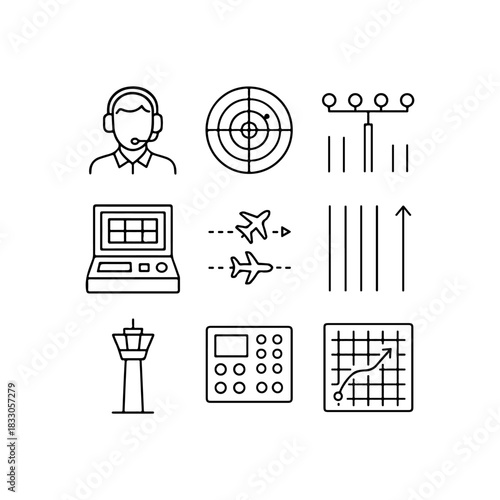 Air traffic control icons and symbols hand drawn sketch style