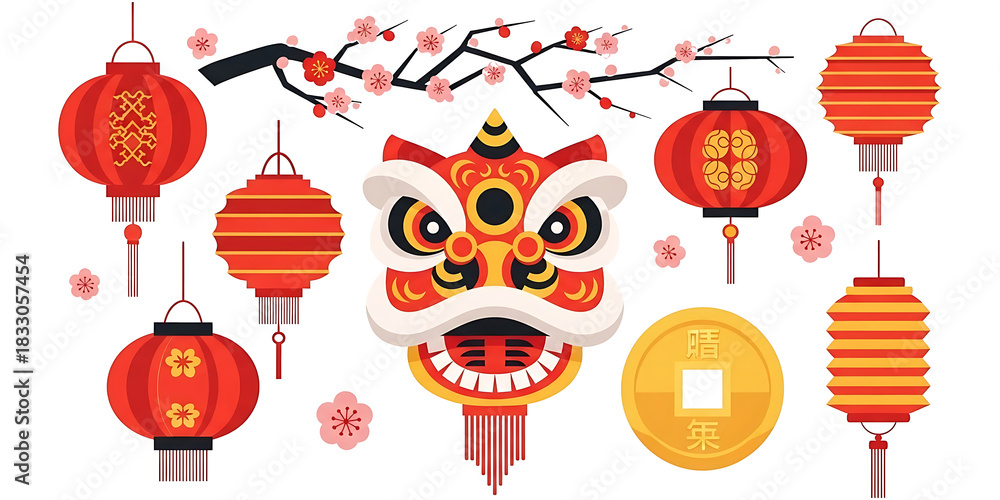 Naklejka premium A vibrant Chinese New Year icon set collection featuring lanterns, a lion dance head, and lucky symbols