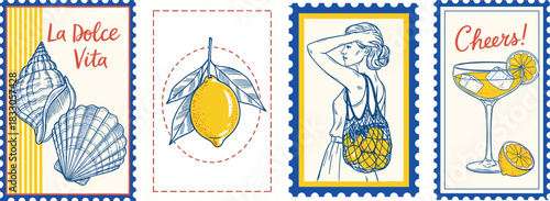Charming Italian Riviera postcards evoke summer vibes and joyful memories, perfect for travel blogs, Mediterranean themes, and vintage designs