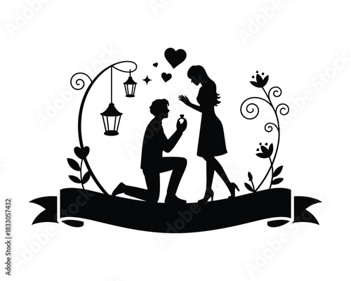 Romantic proposal silhouette with hearts and decorative elements for wedding