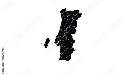 Black and white map illustration of portugal with madeira and azores