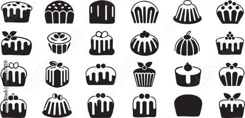 Collection of Black and White Cake and Pastry Icons with Various Decorations Keywords: cake, pastry, cupcake, muffin, dessert, sweet, food, baking