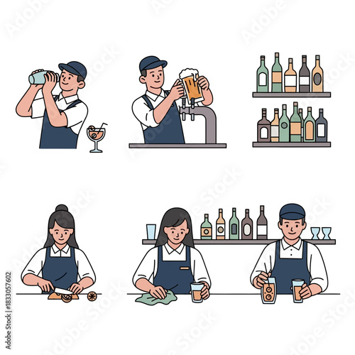 Skilled bar staff expertly mix cocktails, pour beer, and serve drinks, depicting various bar operations