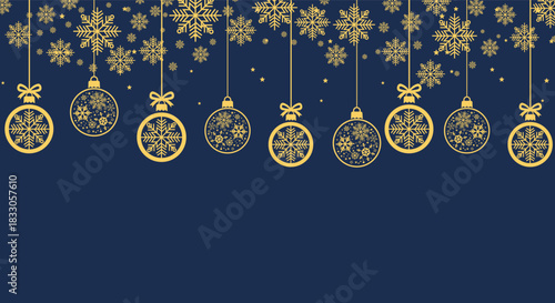 Elegant gold Christmas baubles and snowflakes hanging on dark blue background, festive holiday illustration perfect for seasonal greeting cards, winter banners, invitations and New Year party designs.