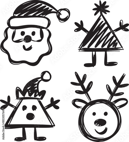 A cute and funny cartoon Christmas vector icon set of Santa, snowman, reindeer, penguin, cow, and dog characters for holiday design