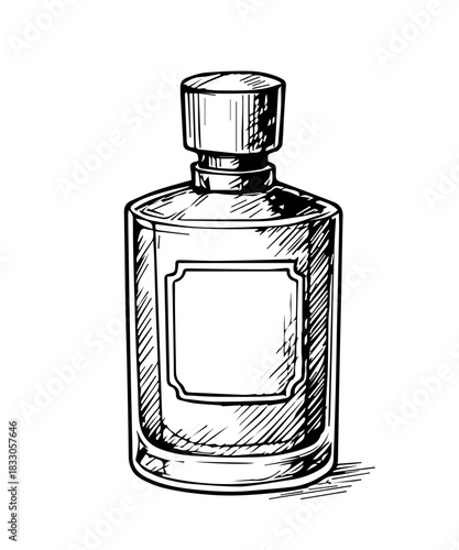 Perfume bottle drawing. Hand drawn engraved perfumery fashion sketch illustration.
