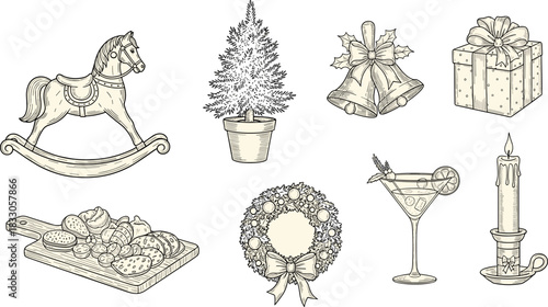 Enchanting Christmas holiday sketch elements for cozy festive designs and seasonal celebrations, bringing warmth and nostalgic cheer to your creative projects
