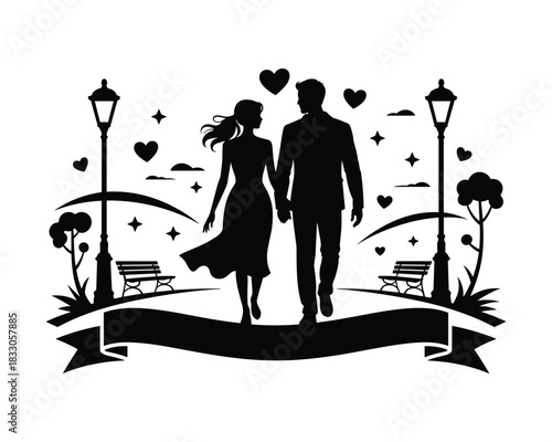 Romantic couple walking in park silhouette with hearts and streetlights