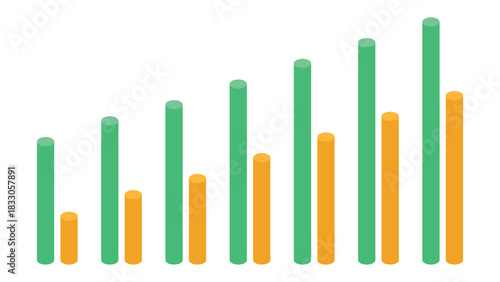 Seven Pairs of Cylindrical Bar Graphs Representing Weekly Infographic Reports on Sales, Profit, and Business Growth