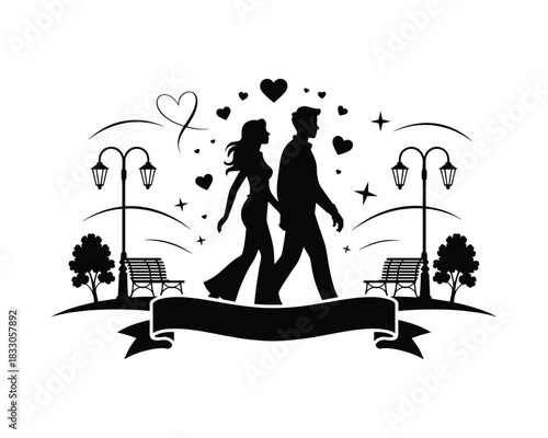 Romantic couple walking in park silhouette with hearts and stars