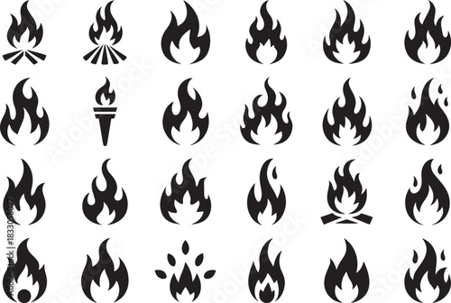 Campfire and fire flame silhouette icons high detail collection
