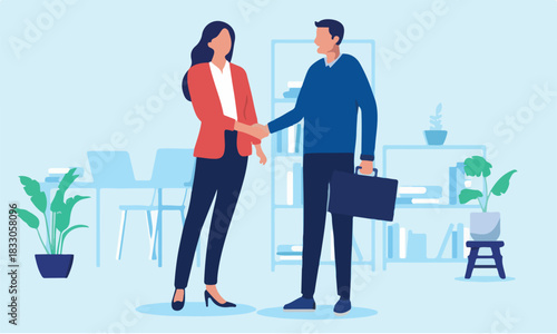  Business handshake - Businessman and businesswoman shaking hands over deal and agreement indoors in corporate office, smiling and feeling happy. Flat design vector illustration.