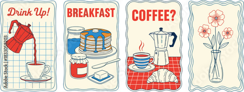 Inviting vintage breakfast collection with coffee, pancakes, and floral decor, perfect for menus, cafes, and cozy kitchen designs, capturing a nostalgic charm
