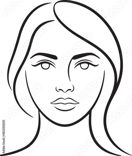 Portrait of a woman's face vector illustration with black hair, eyes, and lips, featuring a fashion silhouette sketch design style