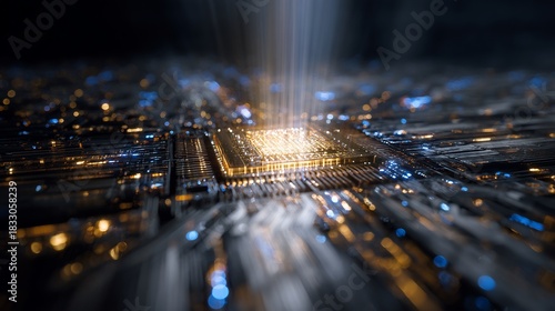 Extreme macro close up shot of futuristic quantum processor chip superconducting circuit glowing golden blue light abstract data energy flowing outwards center highly detailed texture narrow depth of