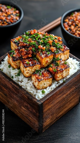 Close-up shot of a delicious tofu dish served on a bed of rice in a wooden box, with bowls of garnish and chopsticks.