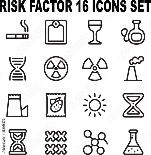 Thin-Line Risk Factor Icons Set — Smoking, Obesity, Alcohol, Genetic Mutation, Radiation Exposure, Pollution, Processed Foods, Sun UV, Aging, Chronic Infection, Hormone Imbalance, Workplace Chemicals 