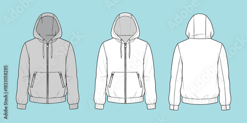 Flat vector illustration of hooded zip-up jacket technical drawing, front and back views, fashion design, garment construction detail