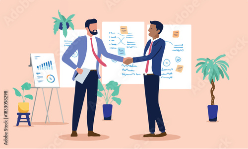  Business handshake - Two businessmen people shaking hands in office after great session, deal and agreement between clients or colleagues. Flat design vector illustration graphic