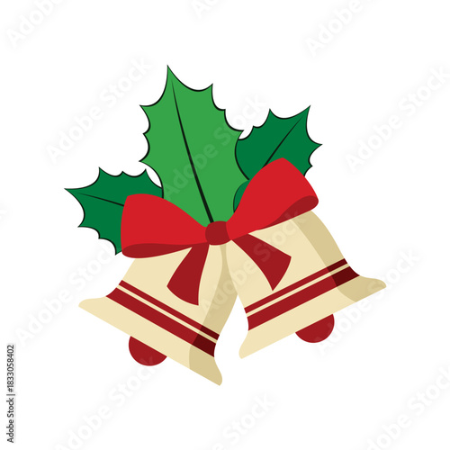 Bright Christmas bells tied with a red bow and holly create a warm, festive centerpiece for holiday decor. Perfect for seasonal greeting cards, advertisements, and family celebrations.