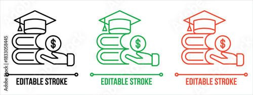 Fund Your Future Education Now with Scholarship Savings and Financial Aid, Outline Icons with Editable Stroke in Black, Green, and Red.
