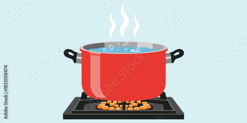 Flat vector illustration of boiling water in red cooking pot on stove burner, kitchen heat concept, steam and flame detail