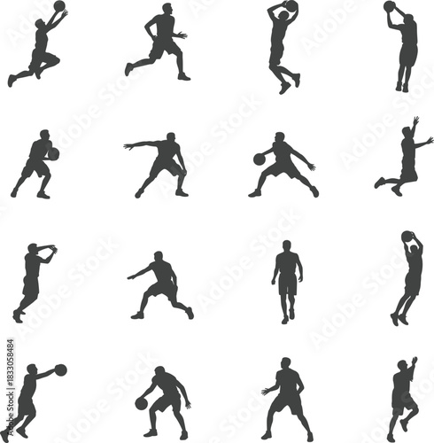Dynamic basketball player silhouettes in action showcasing sporty movement, athletic poses, competitive energy, dribbling, shooting, dunking, and jump shot motion on white background