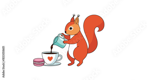 Cute cartoon squirrel pouring coffee into a cup with a heart design next to a pink macaron on a white background.