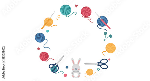 Adorable circular frame made of yarn balls crochet hooks scissors and a cute bunny illustration for crafting projects.