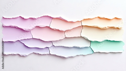 Close-up of torn paper strips in various pastel colors arranged on a white background. The edges are rough and textured, creating a layered effect.