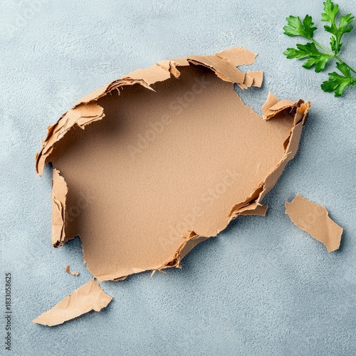 A torn piece of brown paper reveals an empty space on a textured gray background, with a sprig of green parsley.
