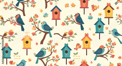Charming seamless pattern featuring colorful birds perched on branches with flowers and various birdhouses on a light background.