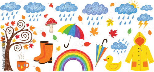 Cheerful autumn weather elements create cozy fall atmosphere and seasonal cheer, ideal for designs needing a touch of whimsy and colorful fun