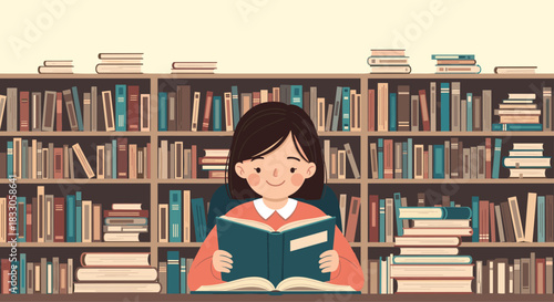 Young girl happily reading a book in a library surrounded by tall bookshelves filled with many diverse books.