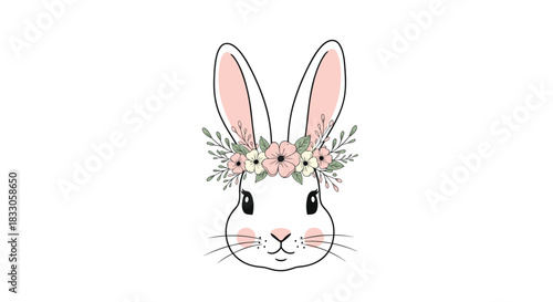 Adorable bunny rabbit face with long ears and a delicate floral crown on a clean white background.