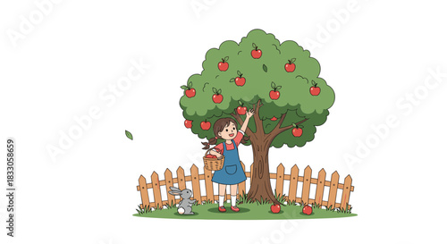 Happy cartoon girl picking apples from a tree into a basket with a cute bunny and a fence in a rural setting.