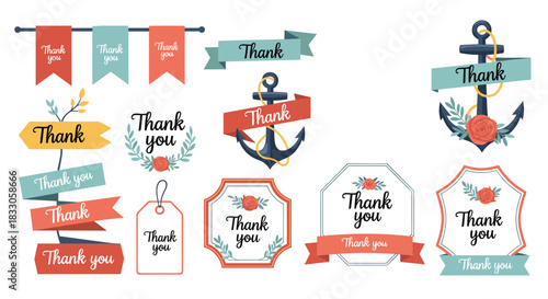 Collection of various thank you banners ribbons and badges with anchors and floral decorations in a bright color palette.