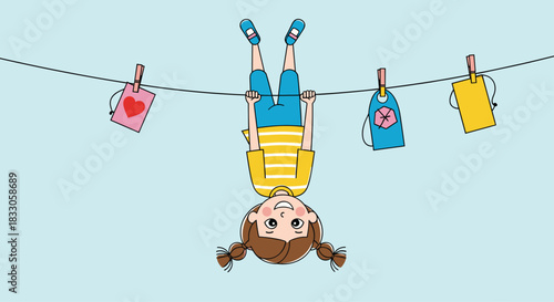 Playful cartoon girl hanging upside down on a clothesline with colorful clothes tags against a light blue background.