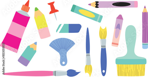 Colorful assortment of art supplies for creative projects and learning, inspiring imagination and artistic expression for kids and adults alike