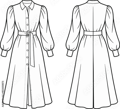 hand-drawn belted puff-sleeve shirt dress illustration, vintage fashion sketch, button front apparel design, elegant outline art, sewing pattern template, classic feminine silhouette
