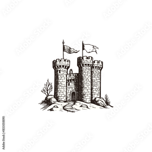 hand-drawn vintage engraving or woodcut illustration of a medieval stone castle or fortress, featuring three tall towers with battlements and two flags flying