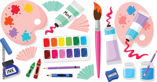 Vibrant artist's studio scene with paint palettes, brushes, watercolors, and ink - perfect for creative projects and artistic inspiration, originally a vector graphic