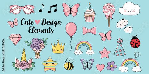 Flat vector illustration of cute design elements, whimsical icons, cartoon style, girly theme, party graphics, pastel decorations