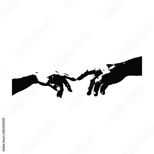 Black and white vector illustration of two human hands reaching out to each other in classic vintage style