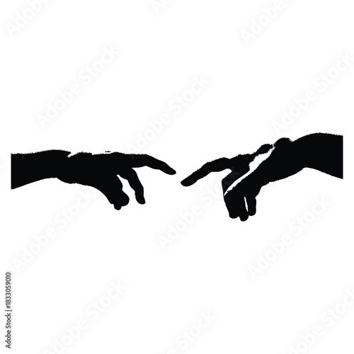 Black and white vector illustration of two human hands reaching out to each other in classic vintage style