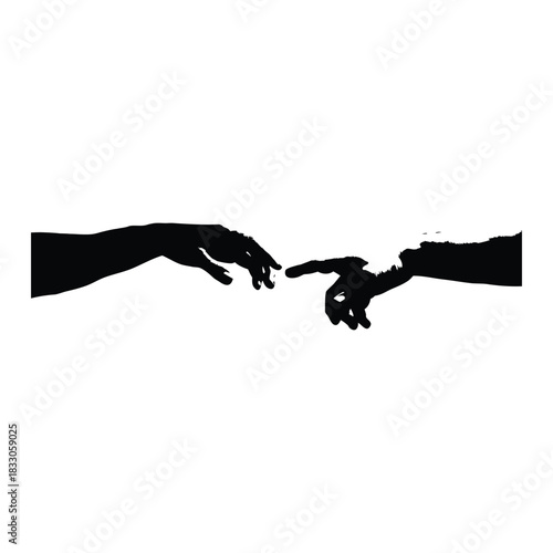 Black and white vector illustration of two human hands reaching out to each other in classic vintage style